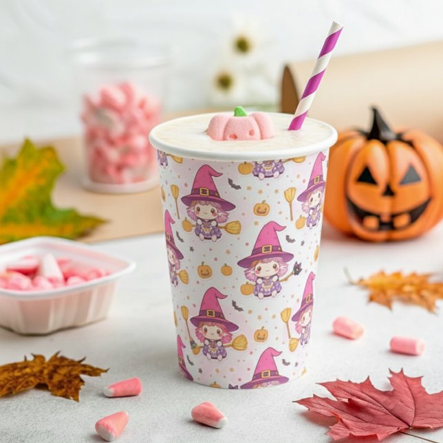 Vasos De Papel Patrón de Halloween lindo con bruja y calabazas (Subido por el creador)