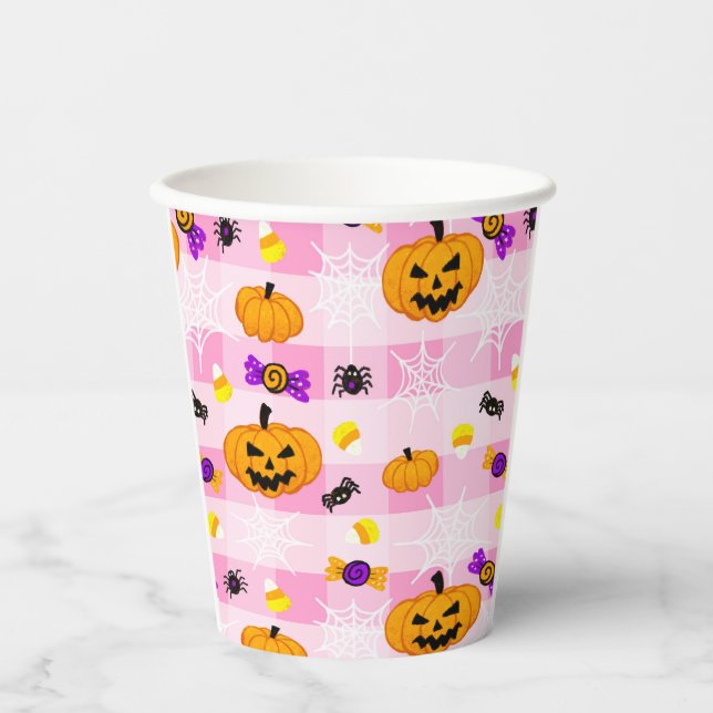 Vasos De Papel Patrón de Halloween rosa Pastel (Anverso)