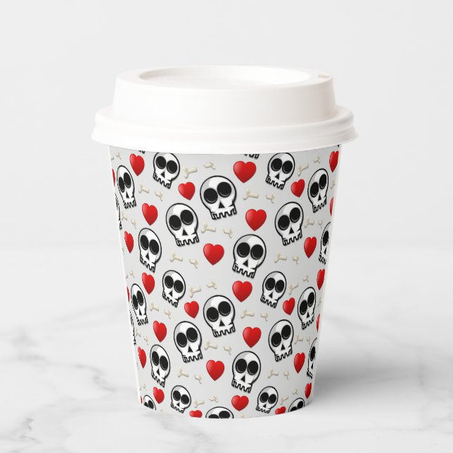 Vasos De Papel Patrón de Halloween Skulls y Red Hearts (Anverso)