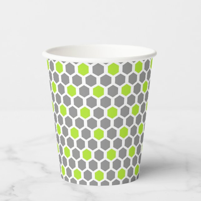Vasos De Papel Patrón de hexágono gris verde limón moderno (Anverso)