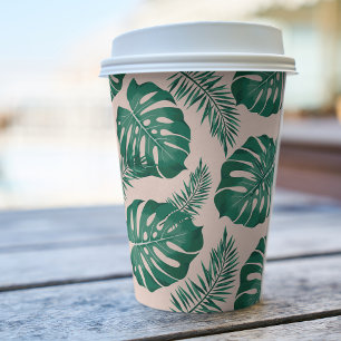 Vasos De Papel Patrón de hojas de palma rosa y verde tropical