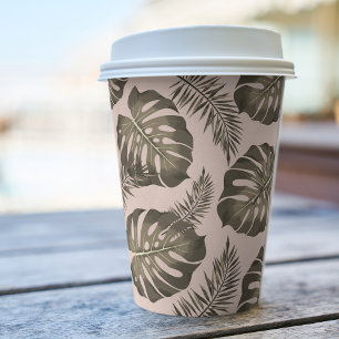 Vasos De Papel Patrón de hojas de palma rosadas y doradas
