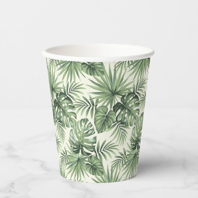 Vasos De Papel Patrón de hojas tropicales verdes (Anverso)