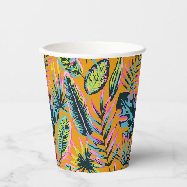 Vasos De Papel Patrón De Impresión De Hojas Tropicales Y Plantas  (Anverso)