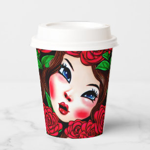 Vasos De Papel Patrón de labios rojos y rosas rojas
