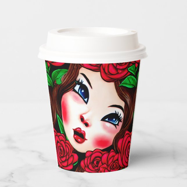 Vasos De Papel Patrón de labios rojos y rosas rojas (Anverso)