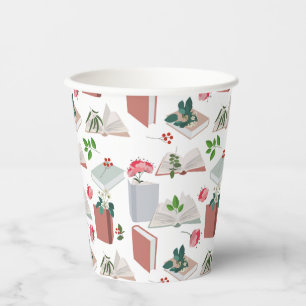 Vasos De Papel Patrón de lectura de libros botánicos y biblioteca