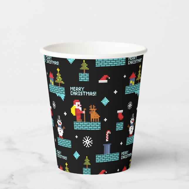 Vasos De Papel Patrón de navidad de mora pixelada - Diseño retro (Anverso)