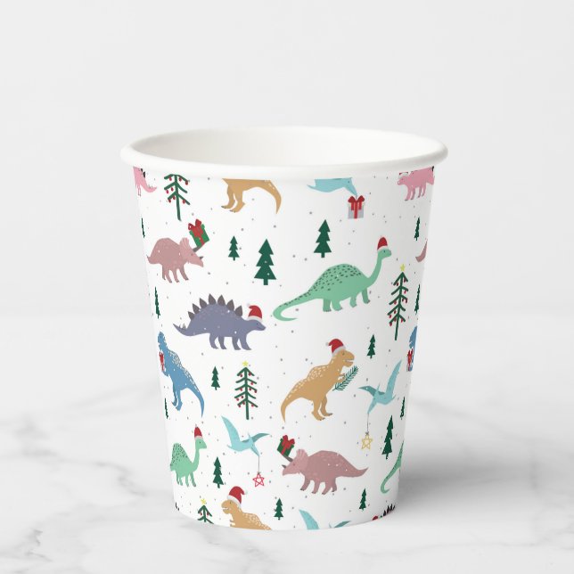 Vasos De Papel Patrón de Navidades de dinosaurios festivos (Anverso)
