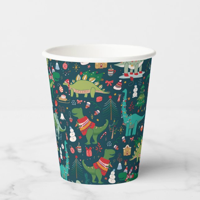 Vasos De Papel Patrón de Navidades de dinosaurios festivos (Anverso)