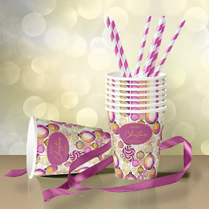 Vasos De Papel Patrón de Navidades de oro magenta#6 ID1009