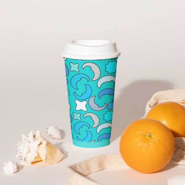 Vasos De Papel Patrón de Nubes de Luna Azul (blue moon mid night stars, half moon kids birthday party supplies, paper cups, cartoon pattern art)