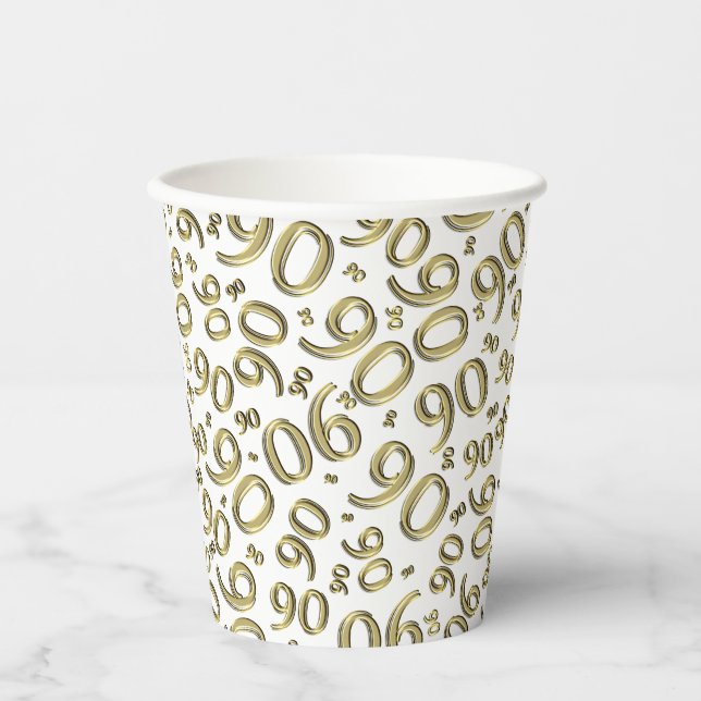 Vasos De Papel Patrón de número al azar de cumpleaños 90 Oro/Blan (Anverso)