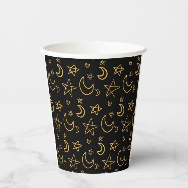 Vasos De Papel Patrón de oro de lunas y estrellas (Anverso)
