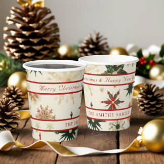 Vasos De Papel Patrón de oro ruso vintage y copos de nieve rojos