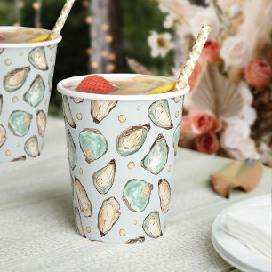 Vasos De Papel Patrón de ostras y perlas de acuarela costera