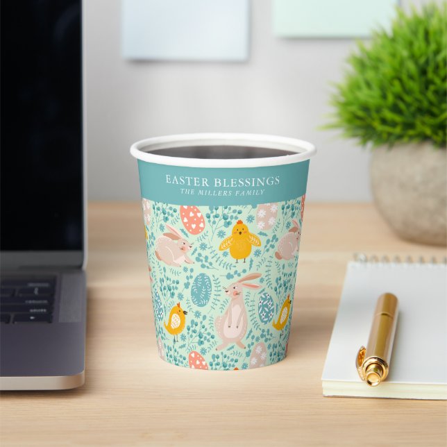 Vasos De Papel Patrón de Pascua con huevos, conejito, polluelo, f (in situ)