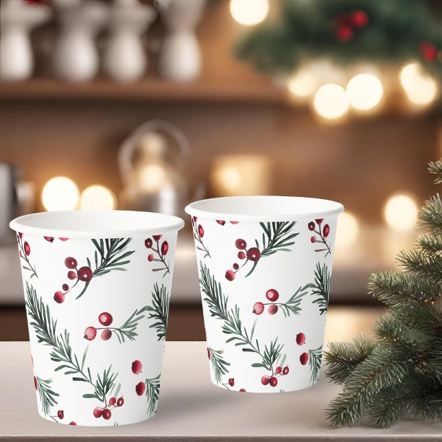 Vasos De Papel Patrón de pino acuarela de Navidades rusos (Rustic Christmas Watercolor Pine Pattern Paper Cups)