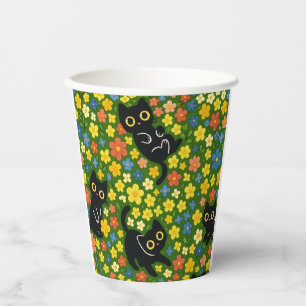 Vasos De Papel Patrón de prado floral con gatos negros lindos
