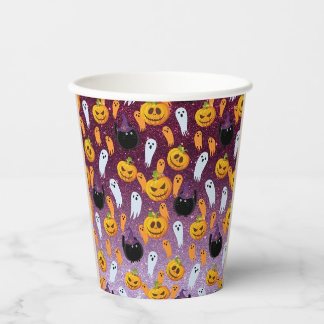 Vasos De Papel Patrón de Purpurina fantasma de Halloween (Anverso)