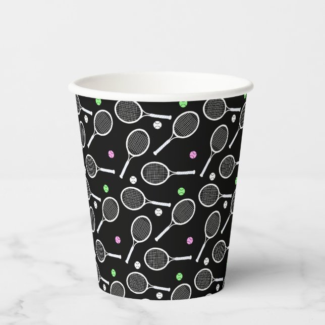 Vasos De Papel Patrón de raqueta de tenis negro extravagante (Anverso)