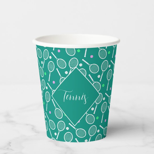 Vasos De Papel Patrón de raqueta de tenis Verde retro (Anverso)