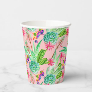 Vasos De Papel Patrón de suculentos de acuarela floreciente