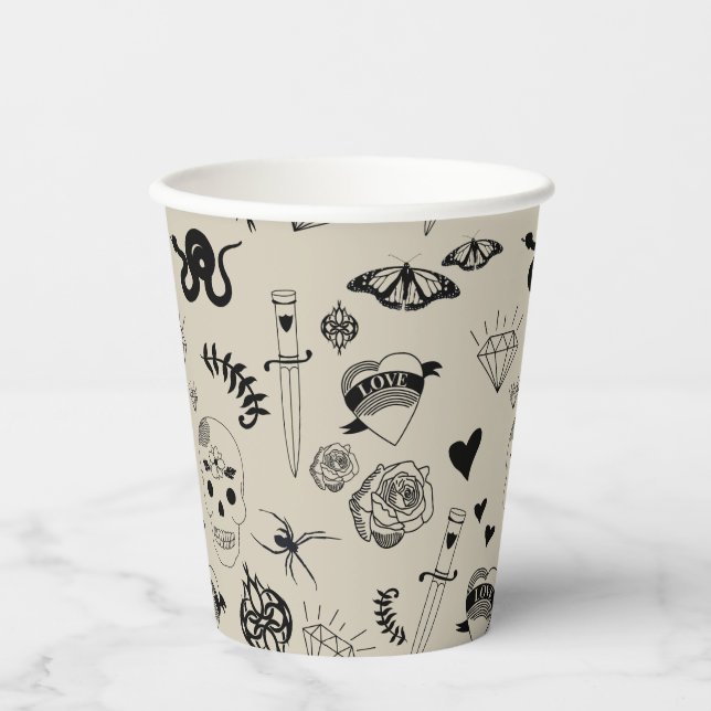 Vasos De Papel Patrón de tatuaje dibujado a mano negro y beige (Anverso)