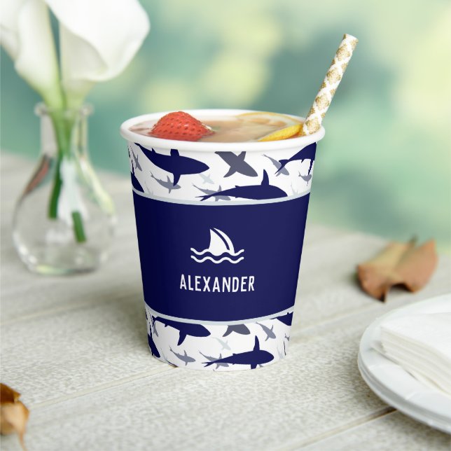 Vasos De Papel Patrón de tiburón azul con la fiesta de cumpleaños (in situ)