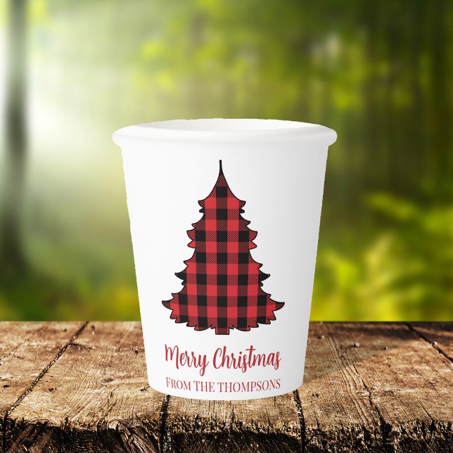 Vasos De Papel Patrón de verificación de búfalo navideño (Merry Christmas buffalo check pattern paper cup with Christmas tree cutout)