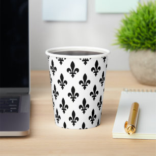Vasos De Papel Patrón Flor de Lis, Real Francés, Negro sobre Blan