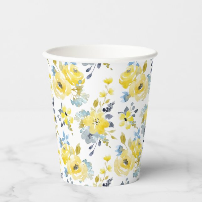 Vasos De Papel Patrón floral amarillo acuarela (Anverso)