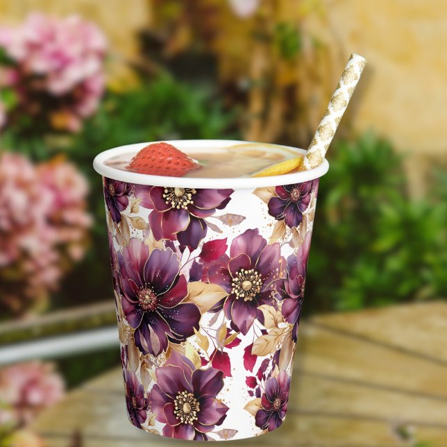 Vasos De Papel Patrón floral blanco elegante dorado borgoña (Subido por el creador)