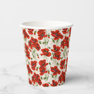 Vasos De Papel Patrón Floral de Amapola Roja Vintage Arte Botánic