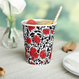 Vasos De Papel Patrón floral de bonito en rojo, negro y blanco