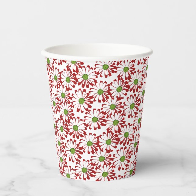 Vasos De Papel Patrón floral de margarita roja y verde navidad (Anverso)