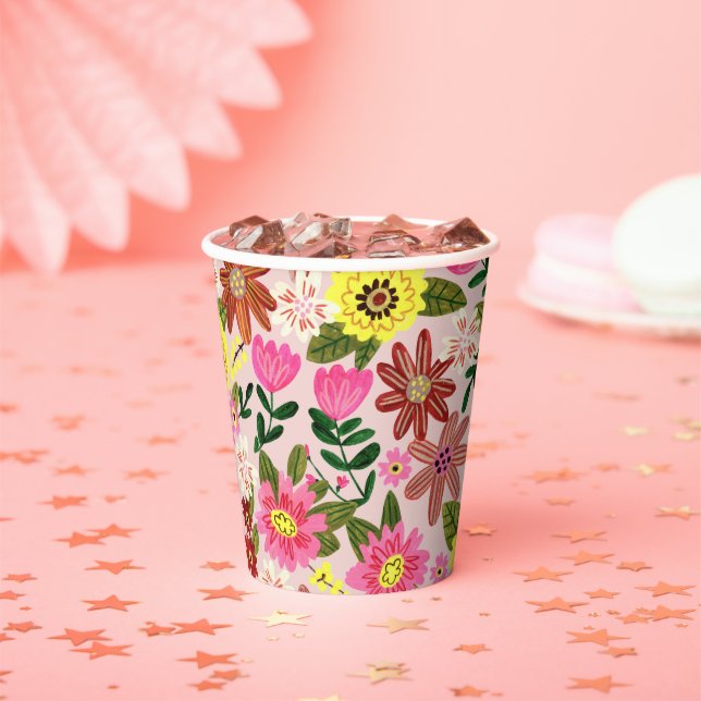 Vasos De Papel Patrón floral de primavera con margaritas modernas (in situ)