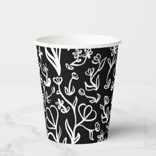 Vasos De Papel Patrón floral en blanco sobre negro