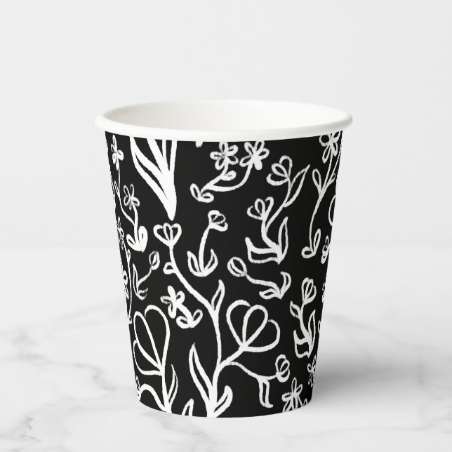 Vasos De Papel Patrón floral en blanco sobre negro (Anverso)