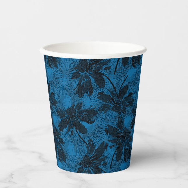Vasos De Papel Patrón floral gris y azul. (Anverso)