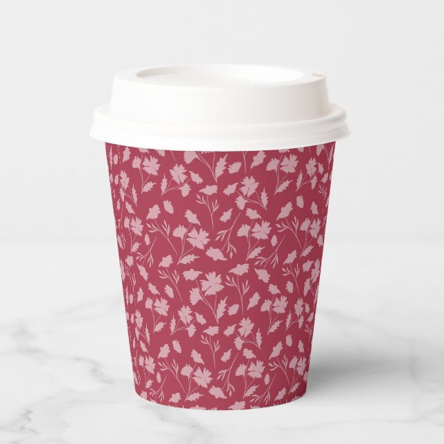 Vasos De Papel Patrón floral suave sobre fondo rojo suave (Anverso)