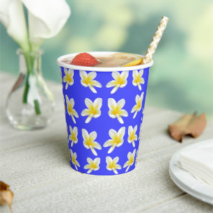 Vasos De Papel Patrón Frangipani Azul Y Amarillo,