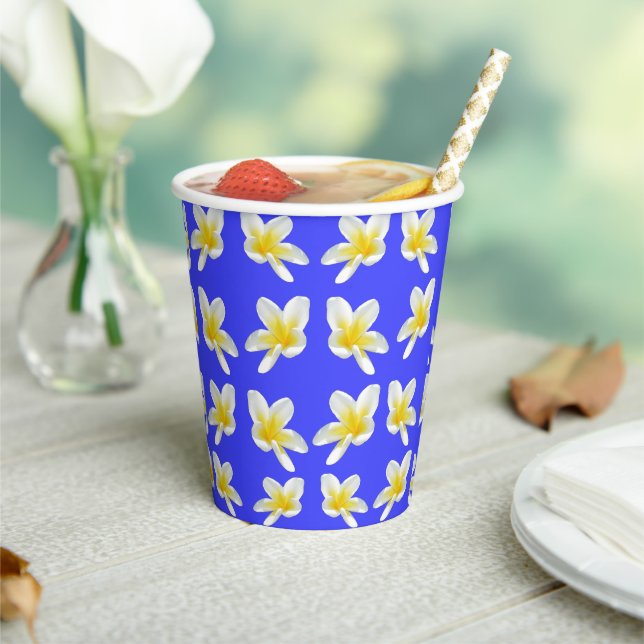 Vasos De Papel Patrón Frangipani Azul Y Amarillo, (in situ)