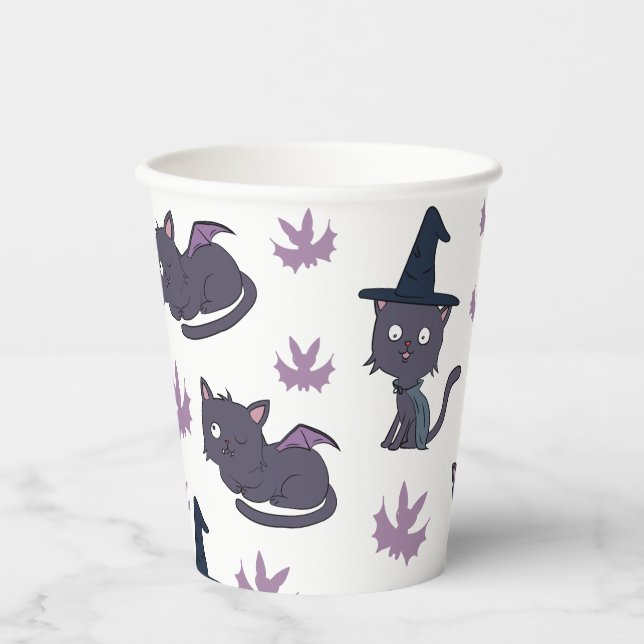 Vasos De Papel Patrón gato y murciélago de Halloween (Anverso)