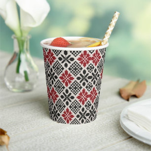 Vasos De Papel Patrón geométrico folclórico rojo negro blanco