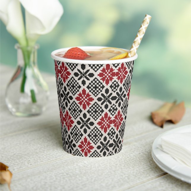 Vasos De Papel Patrón geométrico folclórico rojo negro blanco (in situ)