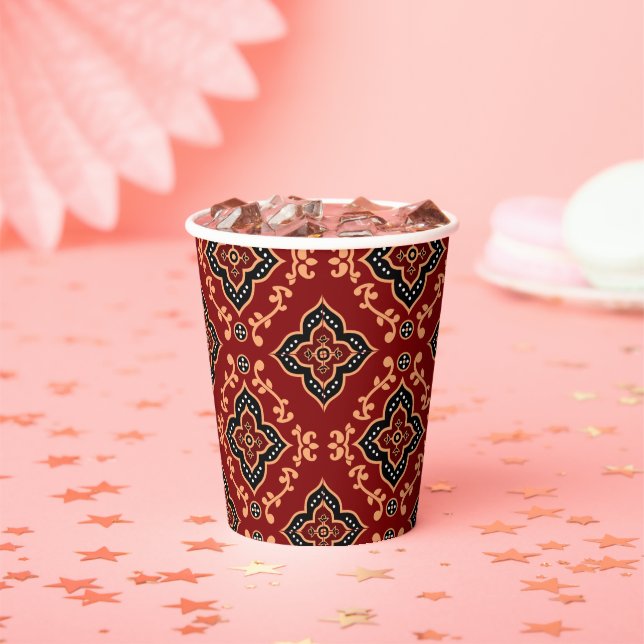 Vasos De Papel Patrón geométrico rojo / impresión india (in situ)