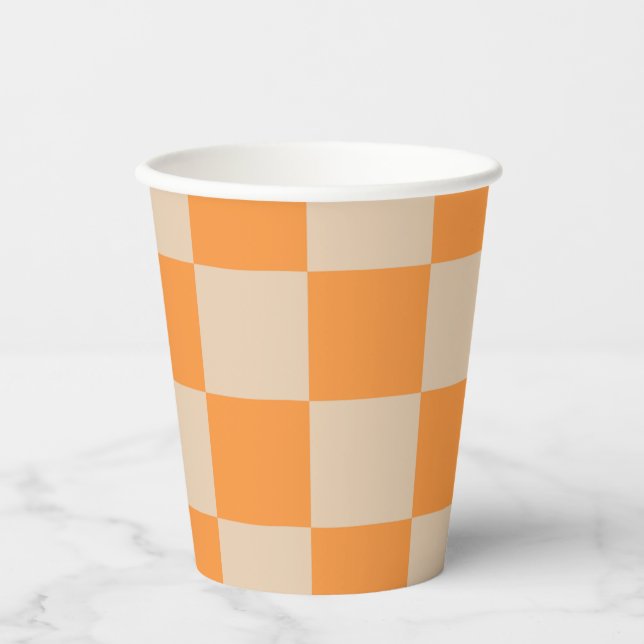 Vasos De Papel Patrón Gingham de naranja controlado (Anverso)