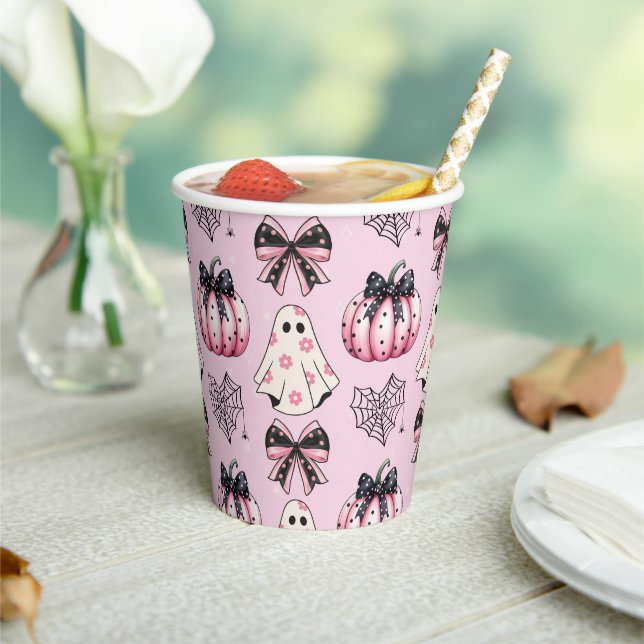Vasos De Papel Patrón Halloween de la Calabaza Rosa Coquette (in situ)
