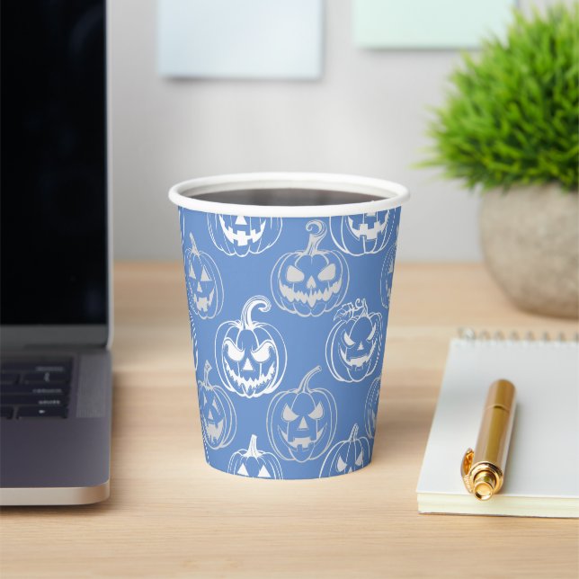 Vasos De Papel Patrón Jack-o-lanterns.BG azul L blanco (in situ)